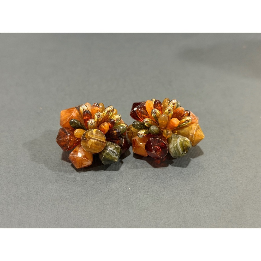 Vintage Large Beaded Cluster Clip On Earrings Autumn Colored Acrylic Beaded